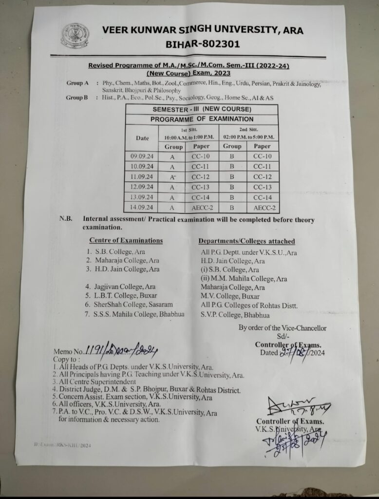 VKSU session 2022-24 pg exam date sheet declared. Best Updates
