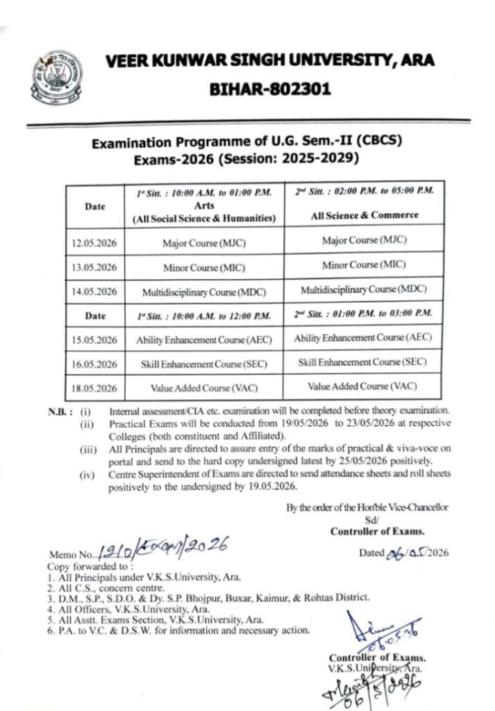 VKSU session 2025-29 exam routine declared link. Best Updates